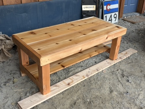 Handcrafted cedar coffee table with lower shelf